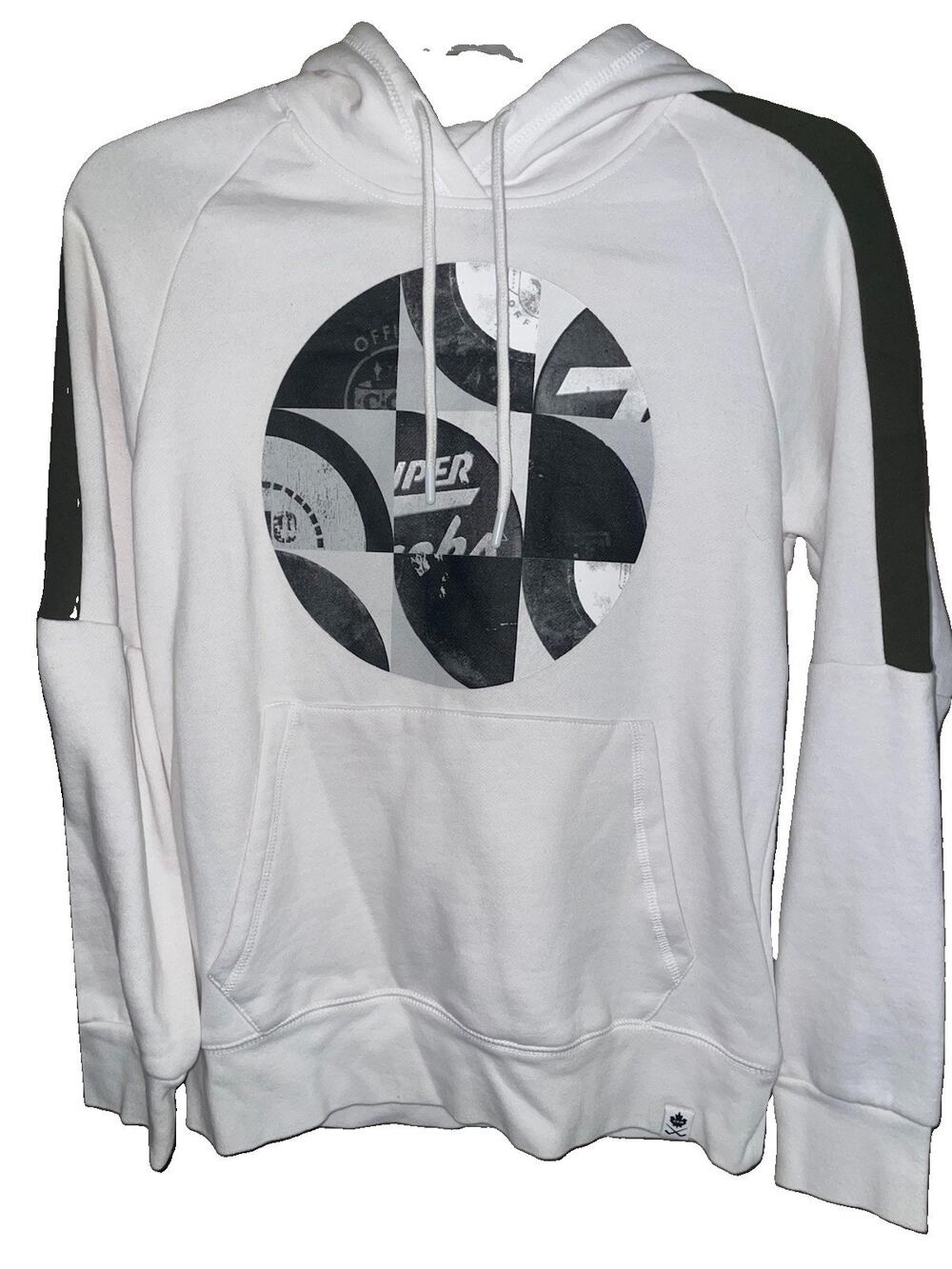 CCM White Nostalgia Pucks Adult Hooded Sweatshirt Sz Small Drawstrings